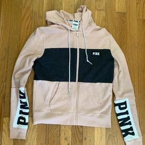 Victoria’s Secret pink logo zip up hoodie sweatshirt nude tan color with grey